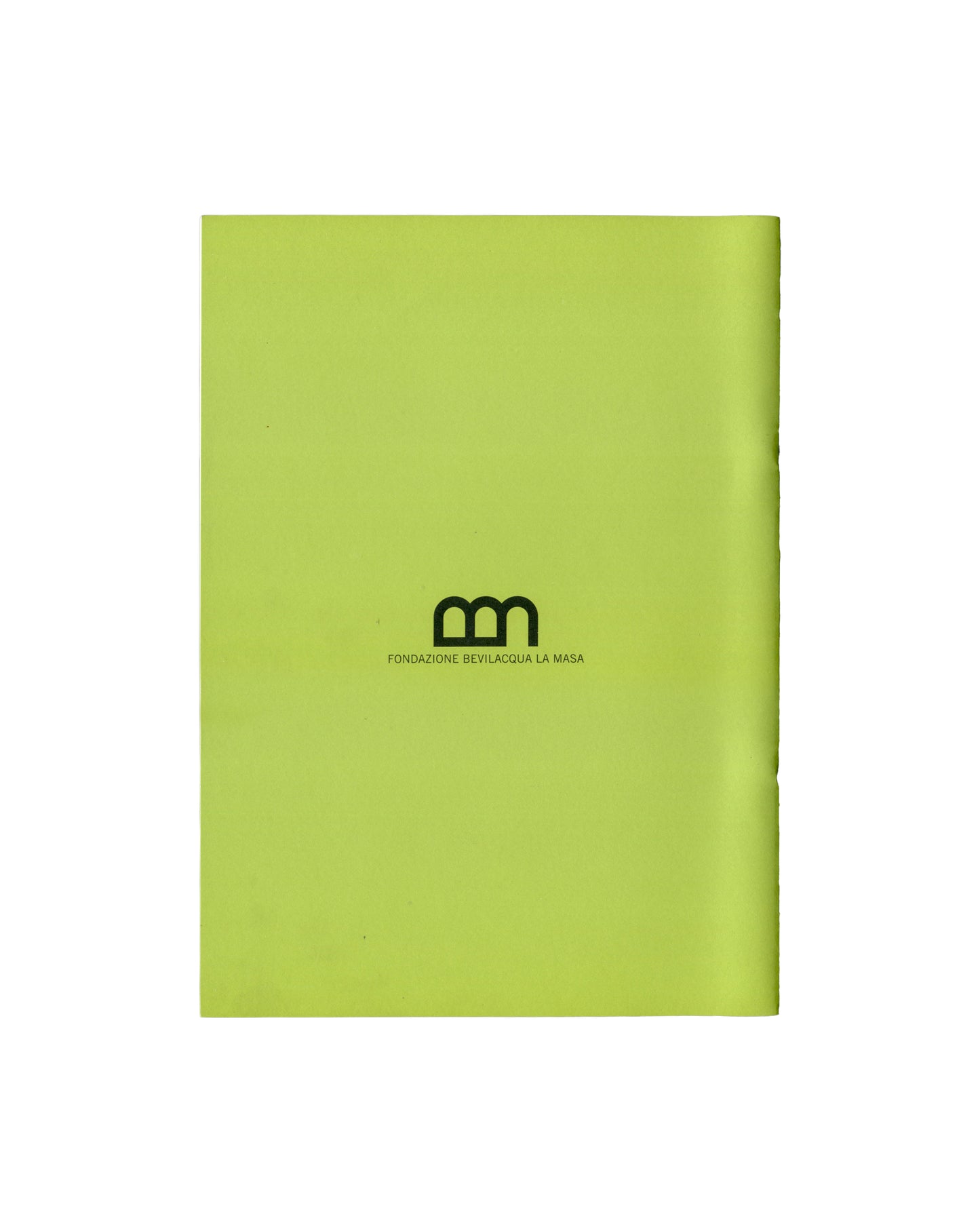 Back cover — Bevilacqua La Masa logo Roni Horn, Dessins / Drawings / Disegni, Fondazione Bevilacqua La Masa / Centre Pompidou, Venice, 2004. Exhibition booklet back cover: plain fluorescent yellow-green wrappers; "m" logotype of Fondazione Bevilacqua La Masa in black centre — two arched forms suggesting a double arcade; "FONDAZIONE BEVILACQUA LA MASA" in small spaced black sans-serif type below. Otherwise blank. Slight edge wear and softening at corners visible.