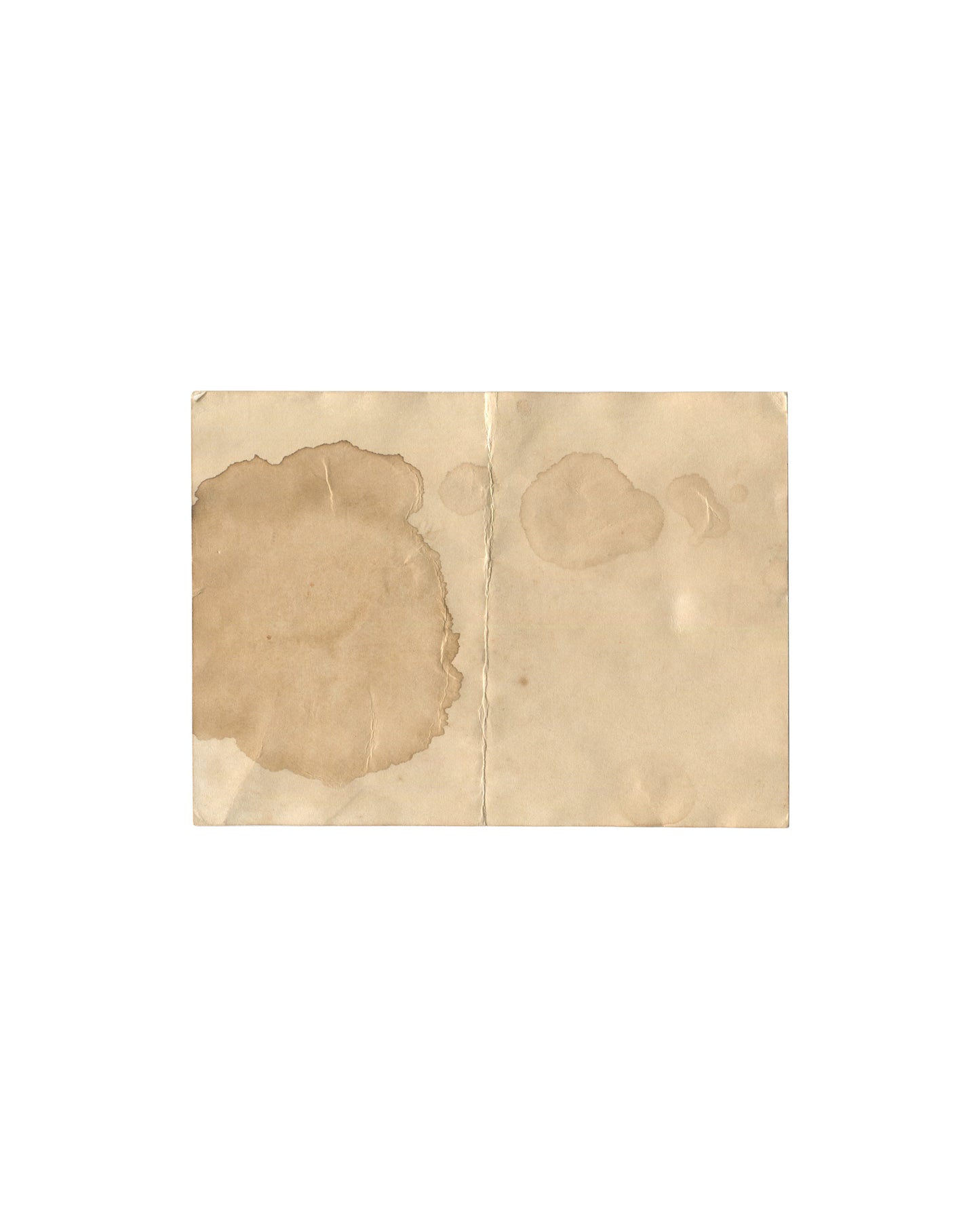 Imitation of Christ: A Retrospective, Jeffrey Deitch / Maurice Villency, New York, 2002. Postcard invitation with printed faux-water staining across cream folded stock; large brown tide-mark at left, smaller stain at right; central fold line; deliberately distressed surface design.