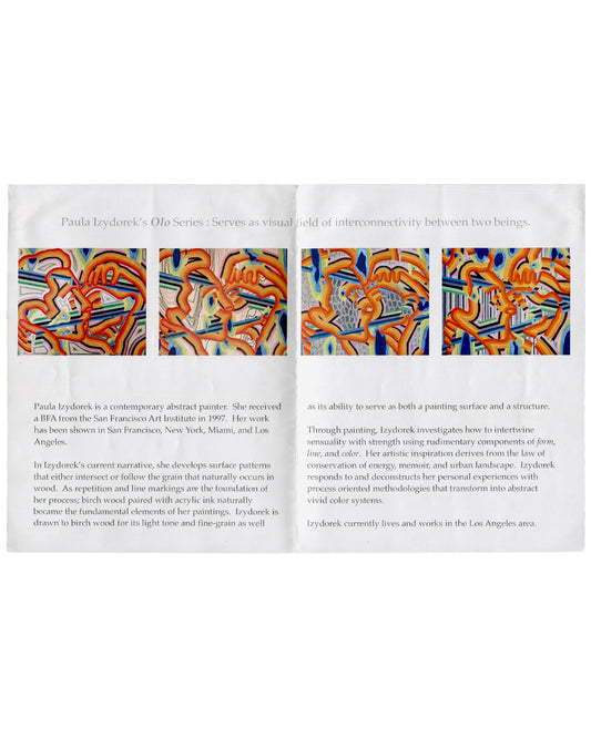 Interior spread Paula Izydorek, Olo: Interconnectivity Between Two Beings, self-published artist brochure, 2021. Interior spread: header — 'Paula Izydorek's Olo Series: Serves as visual field of interconnectivity between two beings.'; four colour reproductions of Olo paintings across the top — abstract interlocking profiles in orange, red, yellow and blue on patterned grounds with blue and grey striped fields; two columns of artist biography and statement text in small serif below; individual work captions