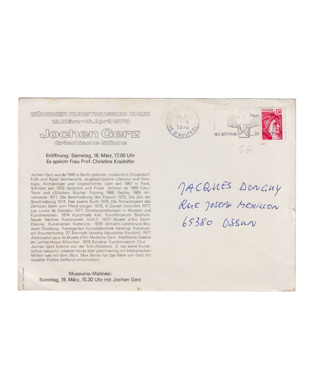 Jochen Gerz, Griechische Stücke, Bündner Kunstmuseum Chur, 1978. Exhibition invitation verso: printed artist biography and exhibition details, handwritten address to Jacques Donguy, Ossun, France, French postage stamp and postal markings.