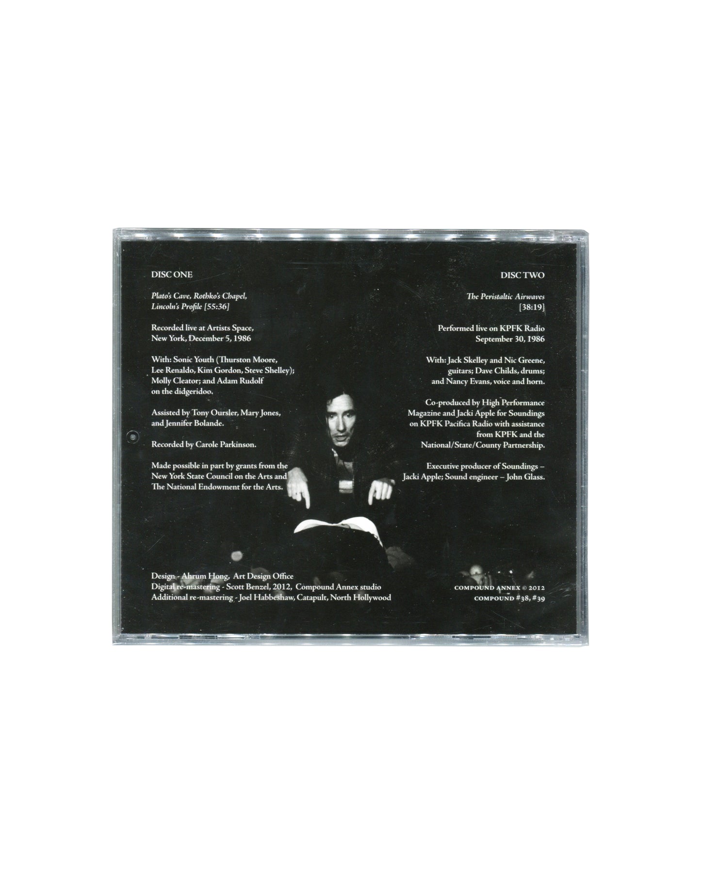 Reverse of sealed Mike Kelley double CD showing track information, recording credits, performance details, and a black-and-white photograph of Kelley. Includes references to Sonic Youth, Artists Space, New York, and KPFK Radio, Los Angeles.