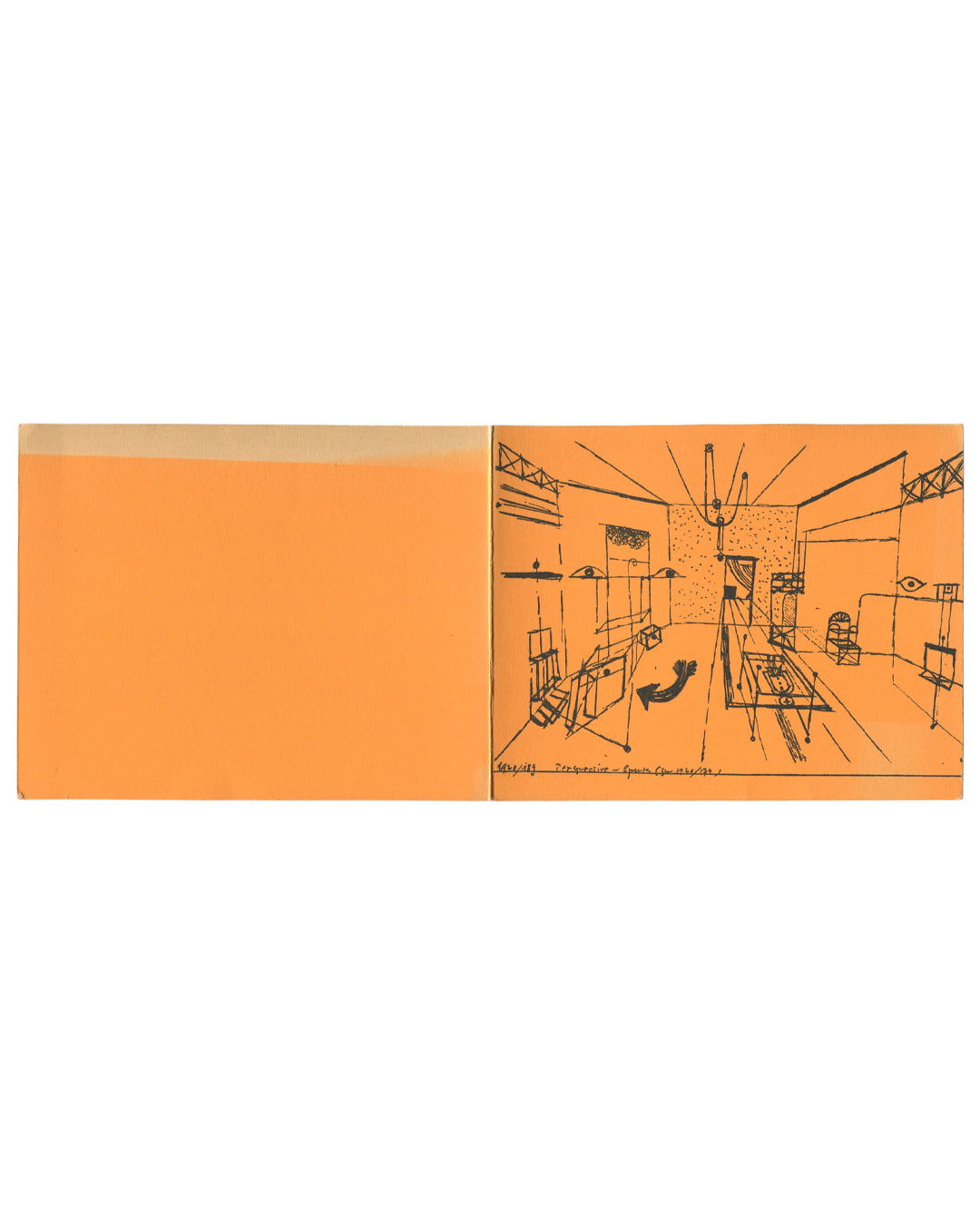 Paul Klee, Galerie Berggruen exhibition card outside spread shown open flat. Galerie Berggruen, Paris, 1964. Left panel: plain vivid orange with narrow faded cream strip along top edge from differential sun-bleaching. Right panel: vivid orange ground with black line drawing — perspective view of an interior space with suspended objects, shelving, geometric structures, eye motif, and radiating lines from a central ceiling fixture. Curved arrow in lower centre. Handwritten caption at lower right in small scri