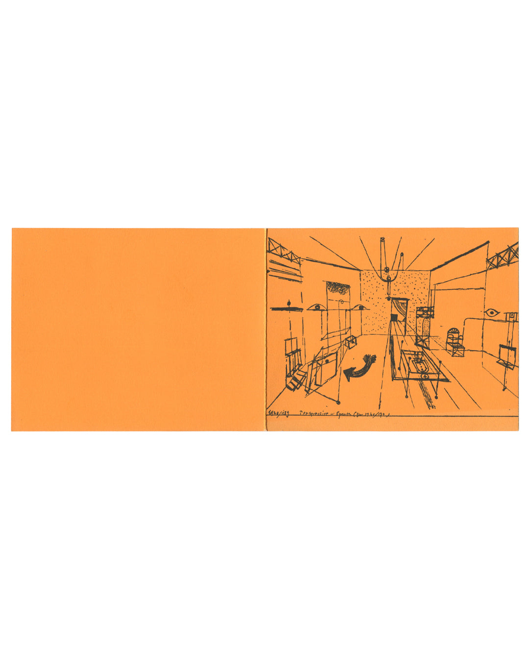 Paul Klee, Galerie Berggruen exhibition card outside spread shown open flat. Galerie Berggruen, Paris, 1964. Left panel: plain vivid orange. Right panel: vivid orange ground with black line drawing — perspective view of an interior space with suspended objects, shelving, geometric structures, eye motif, and radiating lines from a central ceiling fixture. Curved arrow in lower centre. Handwritten caption at lower right in small scri