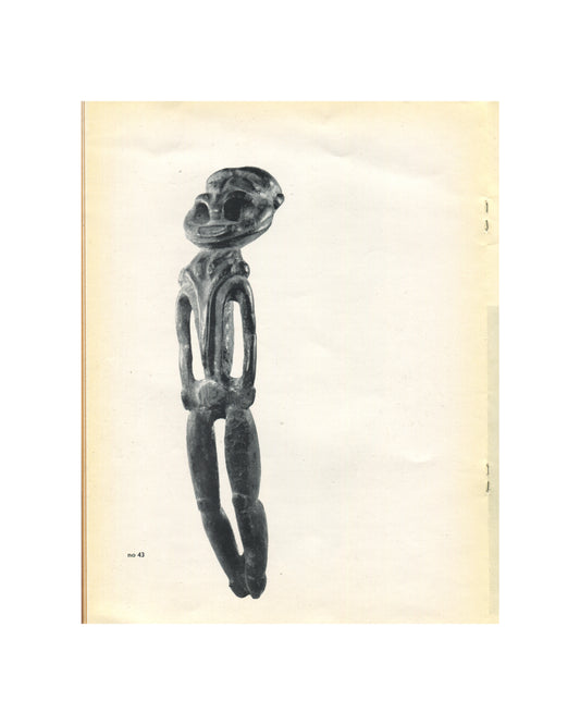 `Kunst uit Nieuw Guinea, 1963 — interior plate. Black and white photograph of catalogue no. 43: a carved wooden ancestor figure, open-work construction with a large rounded head, hollow oval torso, and elongated pendant legs. Dark patinated surface. Photographed against cream ground.