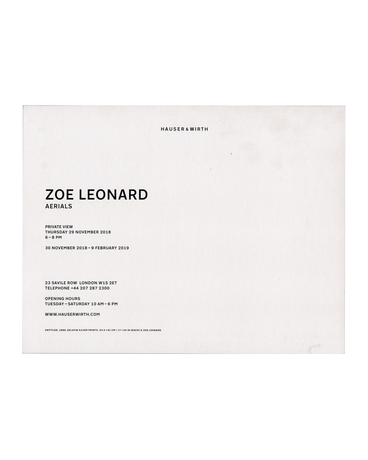 ZOE LEONARD — Aerials. Hauser & Wirth, London, 2018
