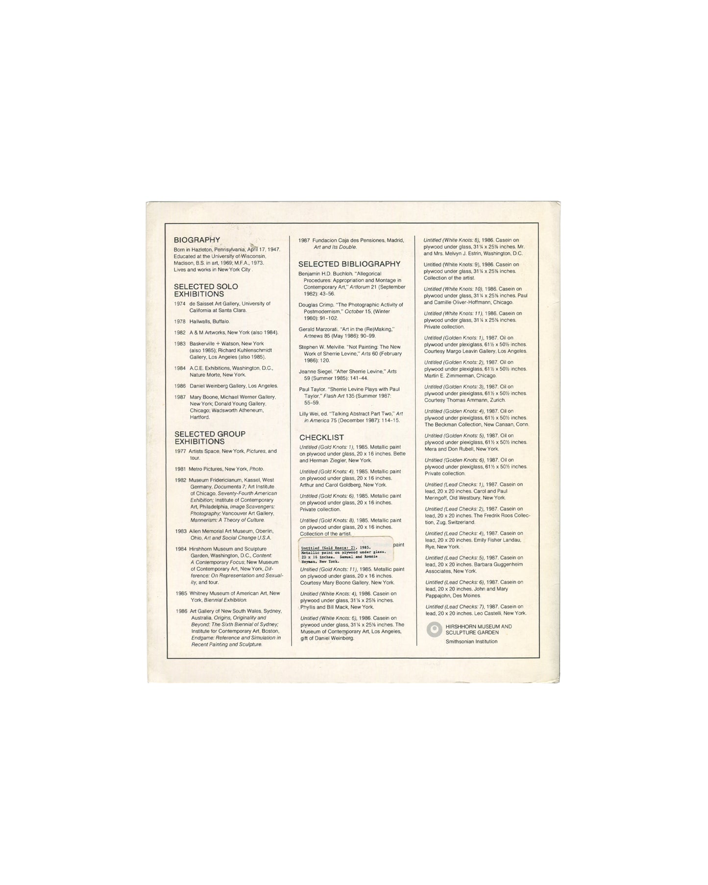 Reverse side of the Sherrie Levine *Directions* exhibition brochure showing artist biography, selected exhibitions, bibliography, checklist of exhibited works, and Hirshhorn Museum identification printed in dense black text on cream stock.