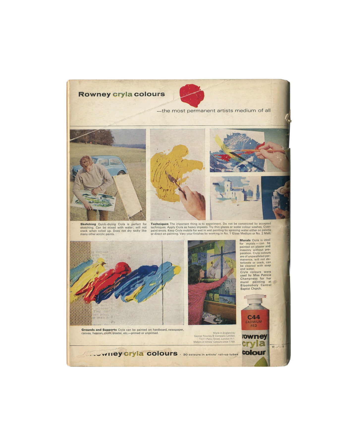Reverse of Art and Artists, June 1966, showing a full-page advertisement for Rowney Cryla Colours, a range of acrylic artists' paints, with product descriptions and a list of Rowney stockists, printed in black and white on cream paper, with light age toning and edge wear consistent with the magazine's vintage condition.