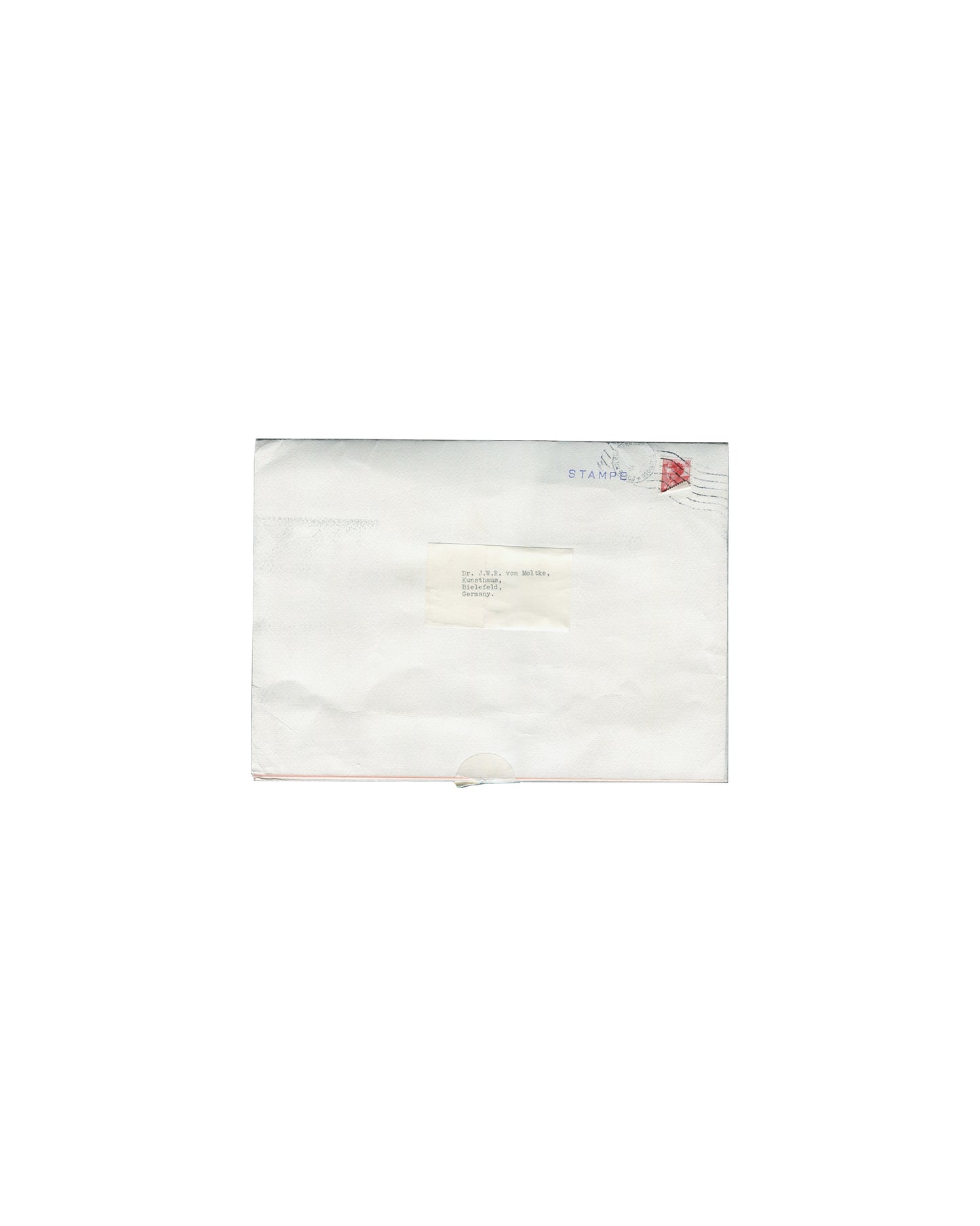 Mailing side of René Magritte, The 8 Sculptures of Magritte, Hanover Gallery London W1, June – August 1968 exhibition poster. Offset lithograph on thin paper stock, folded into eight equal sections for postal distribution. Address label affixed to one folded section, typed recipient: Joachim Wolfgang Graf von Moltke, Bielefeld, Germany — founding director of Kunsthalle Bielefeld. Upper right: red postage stamp with machine postmark cancellation. Fold lines, age toning, and light handling marks throughout.