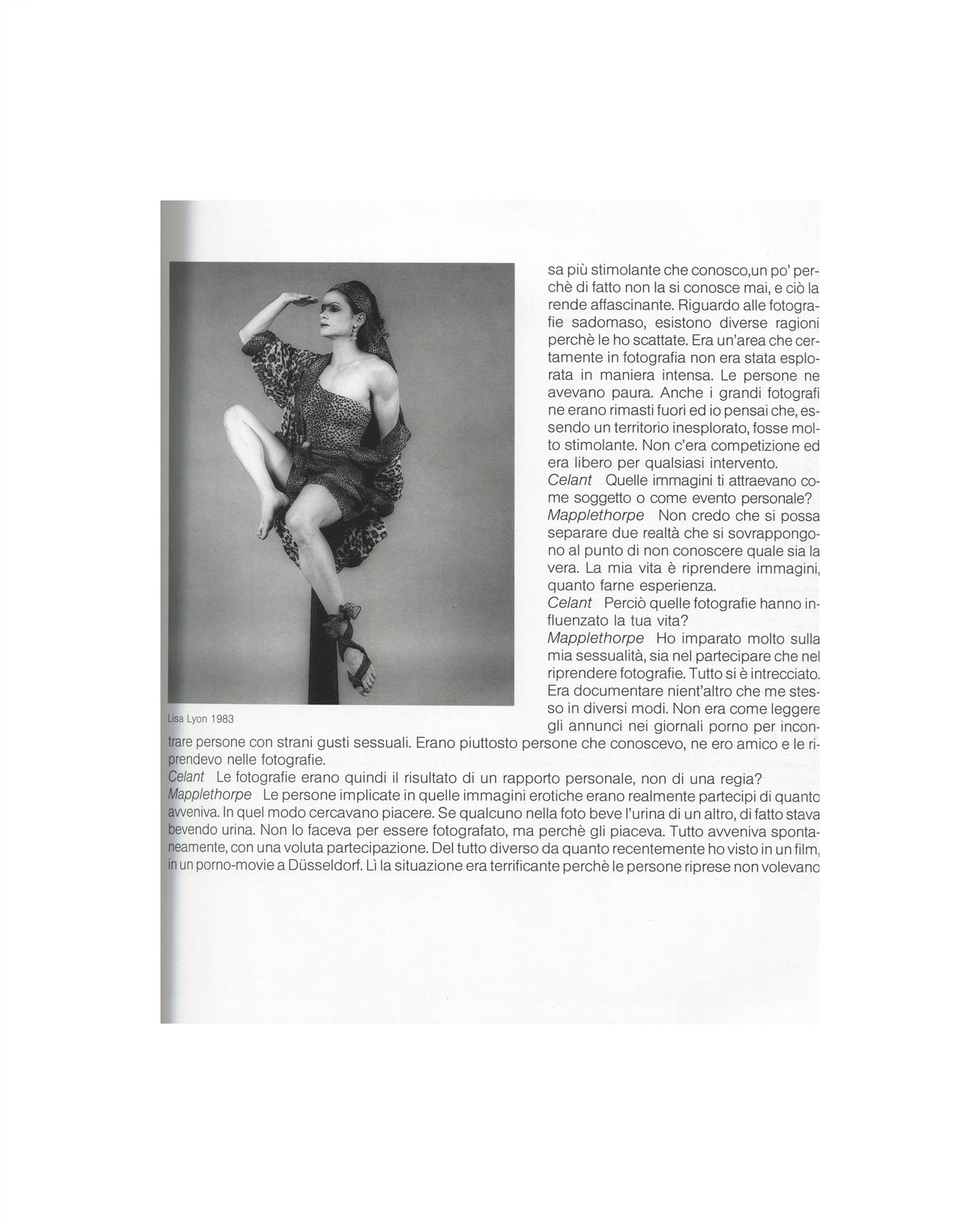 Robert Mapplethorpe — Fotografie, Idea Books Edizioni, Milan, 1983. Interior spread: interview page with Germano Celant. Left: black-and-white plate, Lisa Lyon, 1983 — woman in leopard-print bodysuit and high heels, one leg raised, shielding her eyes with one hand, dynamic pose against a white ground. Right: Italian-language interview text, Celant and Mapplethorpe in dialogue on sadomasochism, sexuality, and photography as personal experience. Photography monograph, The New Rare.