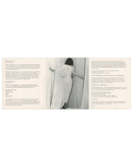 Interior spread of 2000 fig-1 exhibition invitation for Patti Smith / Robert Mapplethorpe, Still / Moving, London, fully unfolded, showing at left a column of text by Patti Smith in small serif type beginning RM: Who made you? / PS: You made me; at centre a black-and-white film still of a woman in a white dress standing with her back to the camera, her hand resting against a wall or door frame, her dark hair falling loose; and at right a second column of text continuing Smith's prose, with section headings