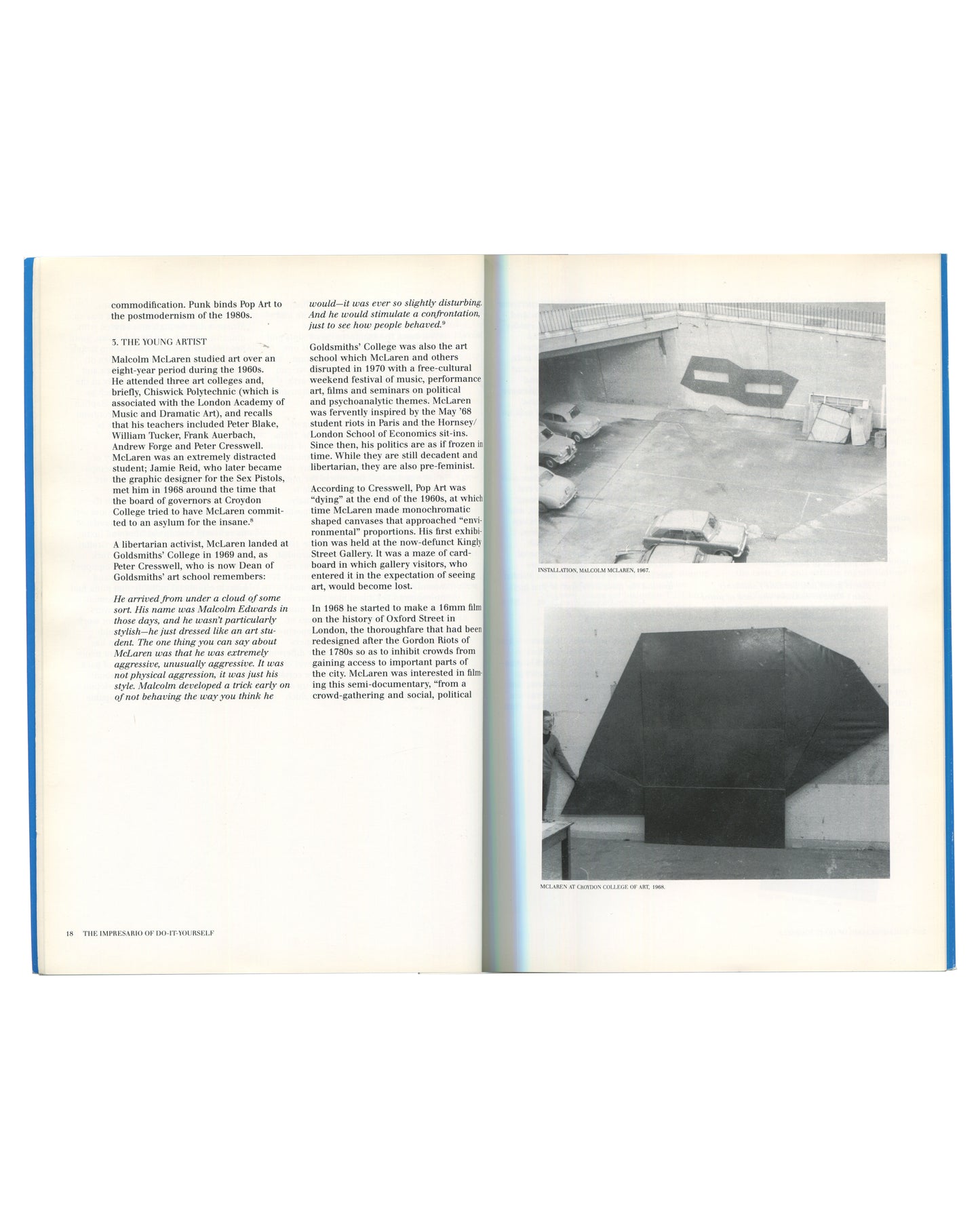 Interior spread, Impresario: Malcolm McLaren & The British New Wave, 1988. Pages 48–49. Section header: '5. THE YOUNG ARTIST'. Left page: two-column text — McLaren's art education at Goldsmiths College, Croydon Polytechnic, and London Academy of Music and Dramatic Art; references to Peter Blake, William Tucker, Frank Auerbach, Andrew Forge, Peter Cresswell, Jamie Reid, and the Sex Pistols. Right page: two black-and-white photographs — upper: aerial view of a car park or urban space, caption 'INSTALLATION, M