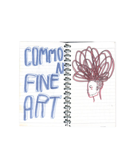 Interior spread, Rafael Melendez, Keep Your Distance: A 2006 Facsimile Sketchbook, The Academy of Realness, 2021. Lined notebook pages. Left: large hand-lettered text in blue marker — 'COMMON FINE ART'; rounded outlined letterforms. Right: ink drawing of a head in profile — elaborate radiating hair structure in dark red/mauve, looping outward from crown; face in profile, calm expression. Silver spiral binding centre.