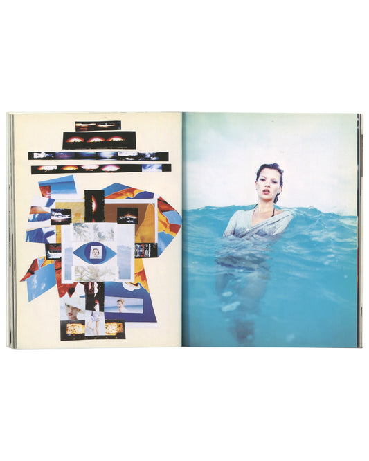 Kate Moss, Kate, Pavilion Books Ltd, London, 1997. Interior spread. Left: photographic collage — layered colour fragments including film strips, sky, ocean, geometric shapes, and small fashion images in a loose figurative form. Right: full-bleed colour photograph — Kate Moss waist-deep in turquoise ocean, wet dark hair, direct gaze. Good vintage condition.