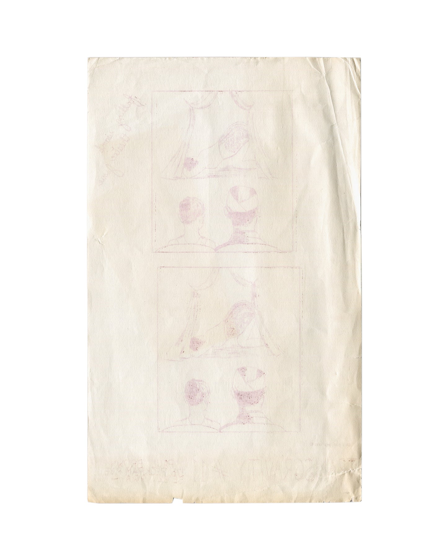 Reverse of Opal L. Nations, Transgravity #11, Paul Brown Gallery / Transgravity Press, London, 1972. Single-colour print on thin cream paper, approx. 20 × 33 cm. Pale ghost impression of the recto image visible through the sheet — two stacked panels showing theatre scene with curtains, stage figure, and two viewers seen from behind. Cream paper with age toning, surface marks, creasing, and edge wear throughout. Evidence of the sheet's production method and handling history.