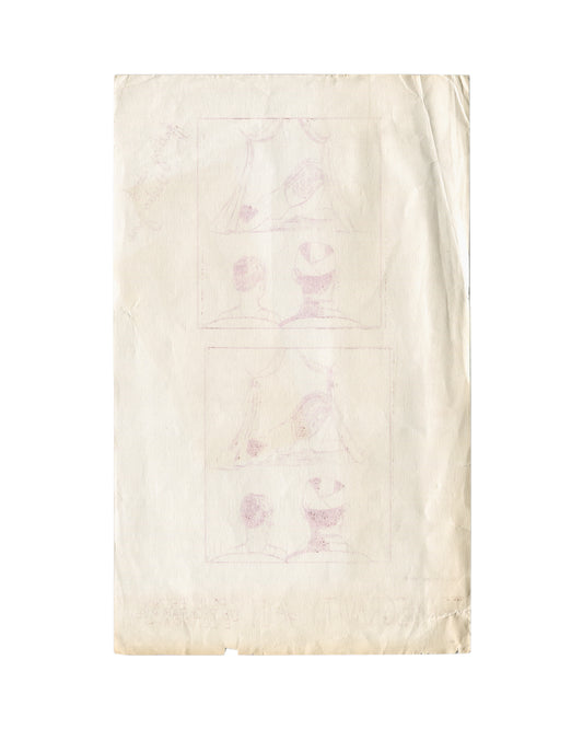 Reverse of Opal L. Nations, Transgravity #11, Paul Brown Gallery / Transgravity Press, London, 1972. Single-colour print on thin cream paper, approx. 20 × 33 cm. Pale ghost impression of the recto image visible through the sheet — two stacked panels showing theatre scene with curtains, stage figure, and two viewers seen from behind. Cream paper with age toning, surface marks, creasing, and edge wear throughout. Evidence of the sheet's production method and handling history.