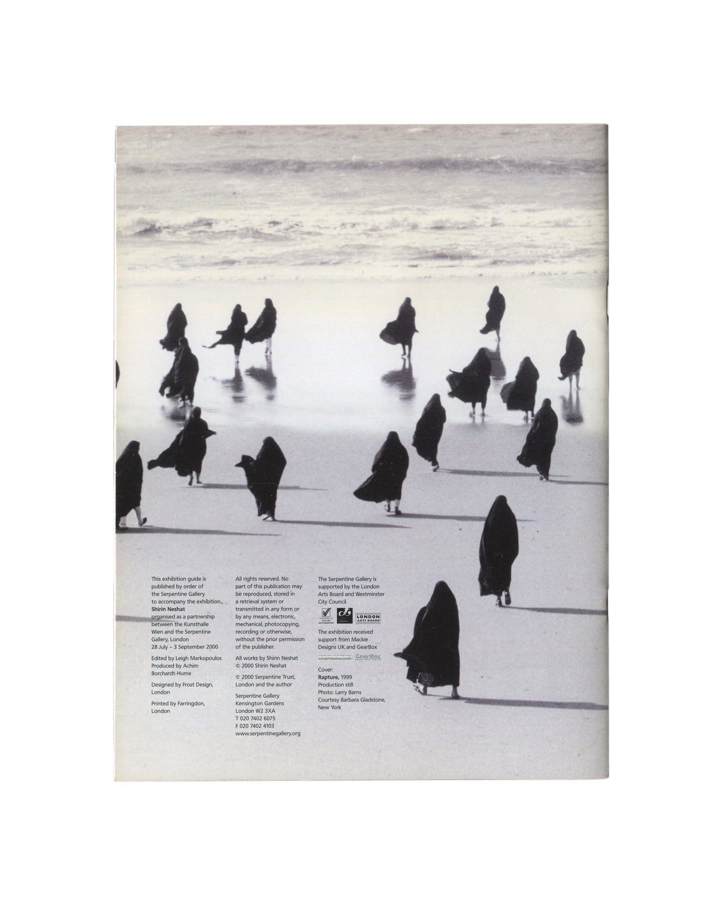 Shirin Neshat, Serpentine Gallery exhibition guide, 2000, reverse, Rapture still, veiled figures on shoreline