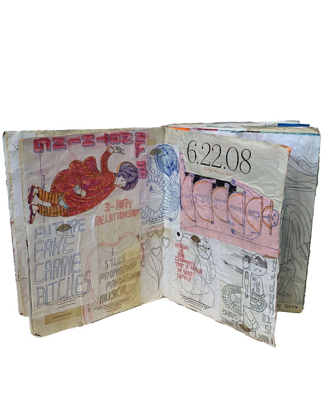 Interior spread showing densely layered pages; left page shows 'Future Fake Carrie Bitches' and '3-Way Relationship' with red ink running figure; centre shows 'Study Propaganda Pandaganda Musical' in circle; right page shows '6.22.08' date from New York Times Magazine with pink ink vehicle drawing and 'Design / The Commodity That Is Always In Short Supply' text