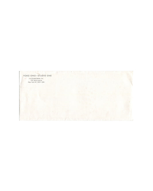 Front of original Yoko Ono Studio One envelope distributed with the *Dollar Piece* Printed Matter membership multiple, showing return address information and light handling wear.