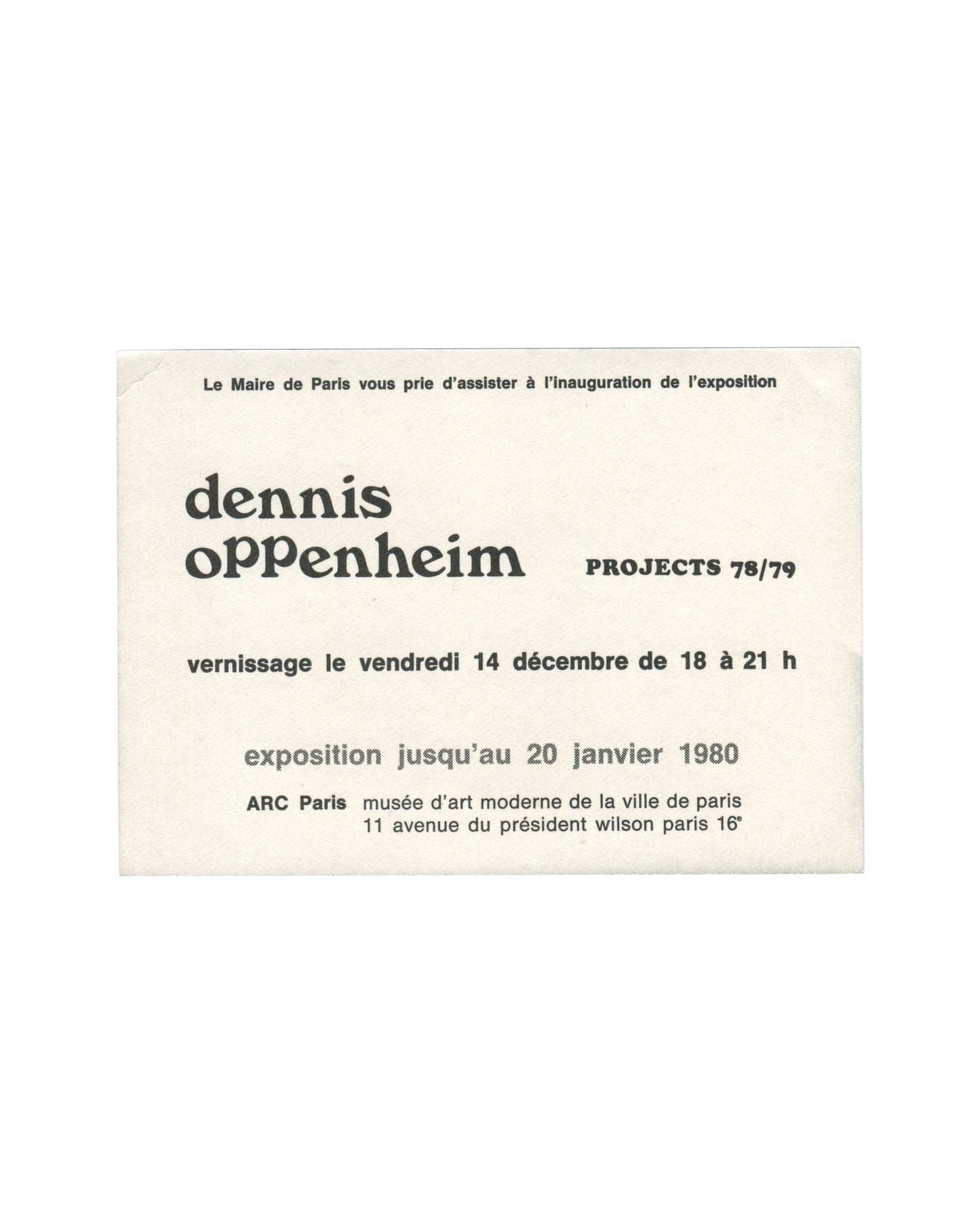 Reverse of 1979 Dennis Oppenheim Projects 78/79 invitation card showing a black-and-white photograph of an installation view — a large-scale sculptural structure with angled metal supports, flat platform surfaces, and dramatic directional light casting sharp shadows across the interior space, consistent with Oppenheim's late 1970s architectural and machine-based sculptural environments.