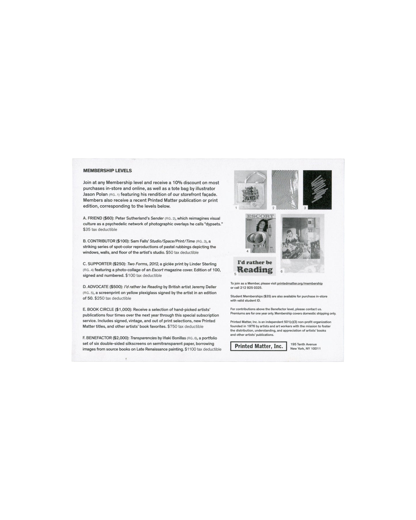 Verso (white side) Raymond Pettibon, Printed Matter Membership Campaign, 2014–15. Verso: white card; bold header 'MEMBERSHIP LEVELS'; six lettered tiers A–F listing dollar amounts and artist editions — Peter Sutherland, Sam Falls, Linder Sterling, Jeremy Deller, Book Circle, Iñaki Bonillas; six small reproduction images upper right including tote bag and Escort magazine cover; 'Printed Matter, Inc.' logo and address — 195 Tenth Avenue, New York, NY 10011.