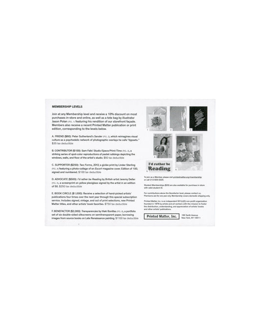 Verso (white side) Raymond Pettibon, Printed Matter Membership Campaign, 2014–15. Verso: white card; bold header 'MEMBERSHIP LEVELS'; six lettered tiers A–F listing dollar amounts and artist editions — Peter Sutherland, Sam Falls, Linder Sterling, Jeremy Deller, Book Circle, Iñaki Bonillas; six small reproduction images upper right including tote bag and Escort magazine cover; 'Printed Matter, Inc.' logo and address — 195 Tenth Avenue, New York, NY 10011.
