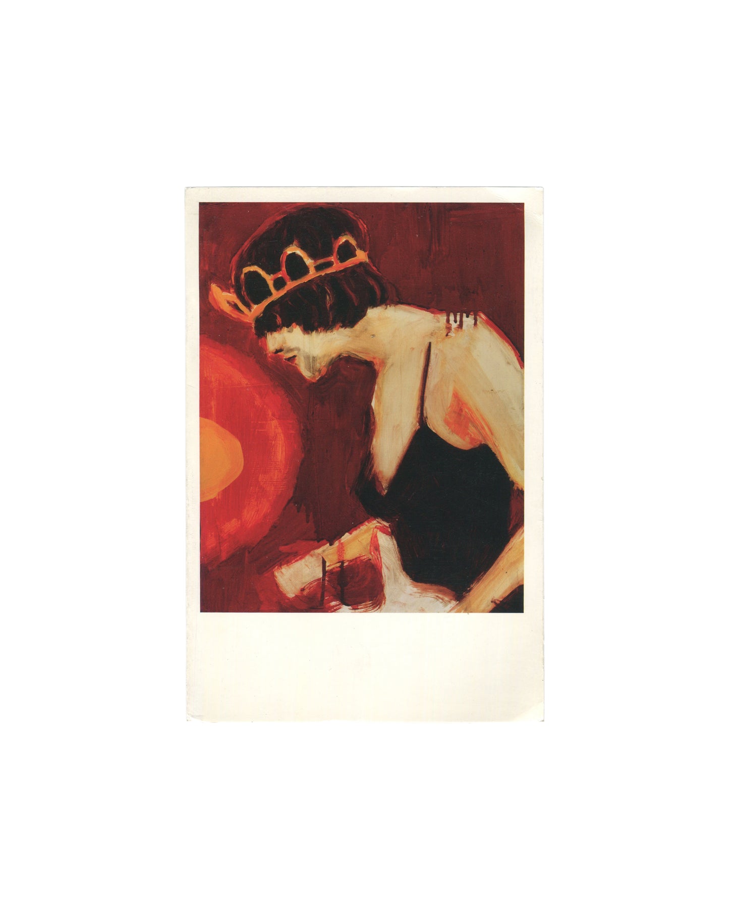 Elizabeth Peyton, Live Forever, New Museum, 2008, postcard, figure in black dress with gold crown, red ground