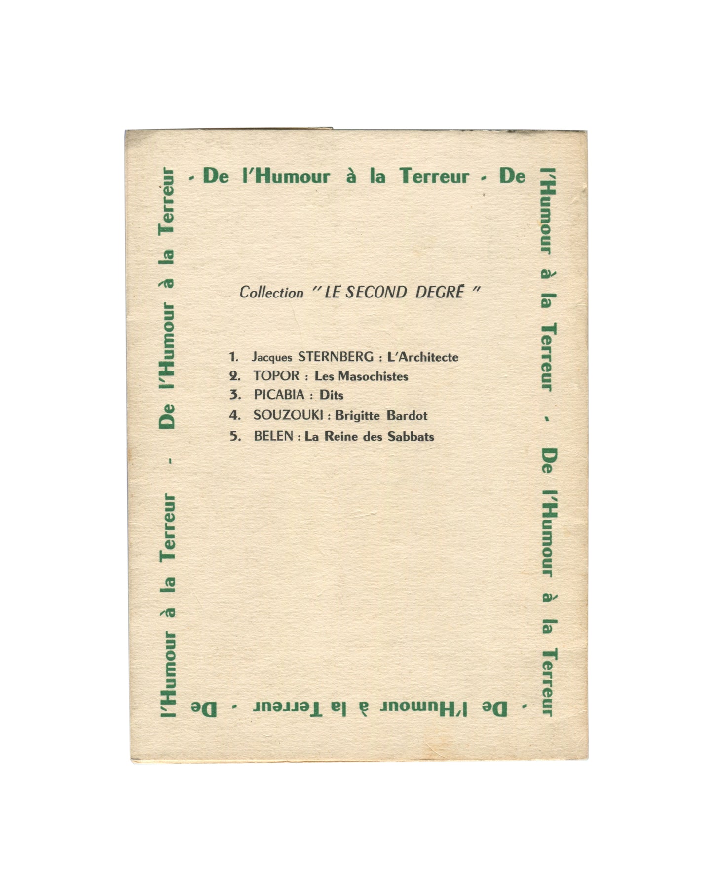 Francis Picabia, Dits, 1960, reverse, Collection Le Second Degré series list, De l'humour à la terreur border