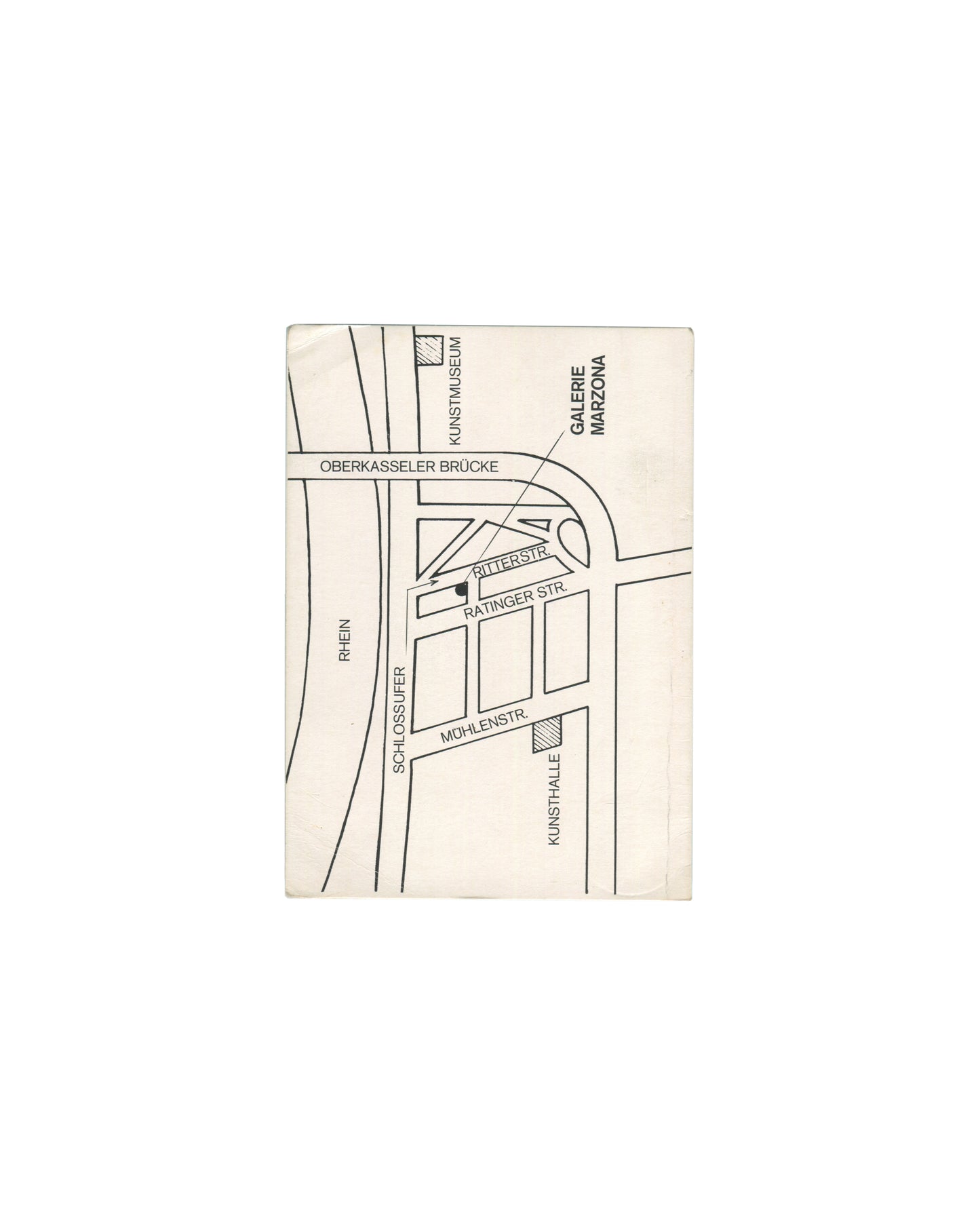 Reverse of Picabia invitation: printed map locating Galerie Marzona between Kunstmuseum and Kunsthalle, Düsseldorf
