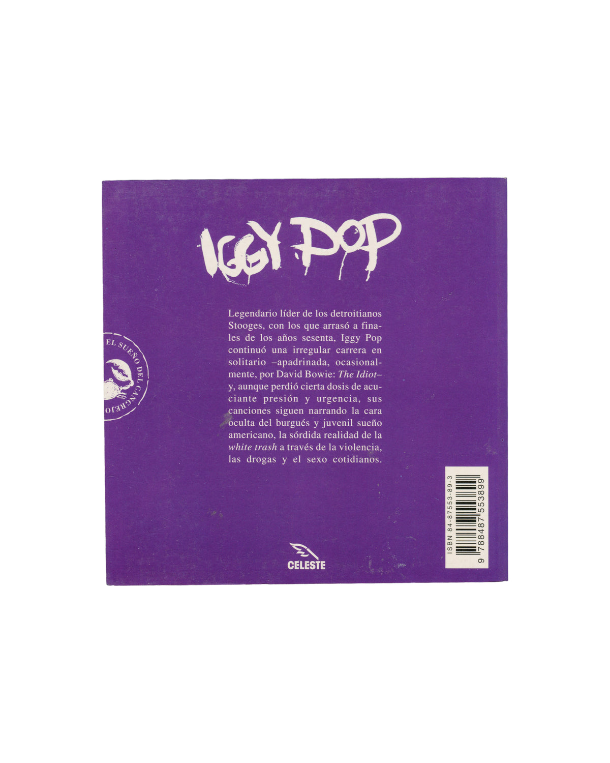 Iggy Pop, American Caesar: Letras, Celeste Ediciones, back cover with purple ground and Spanish text