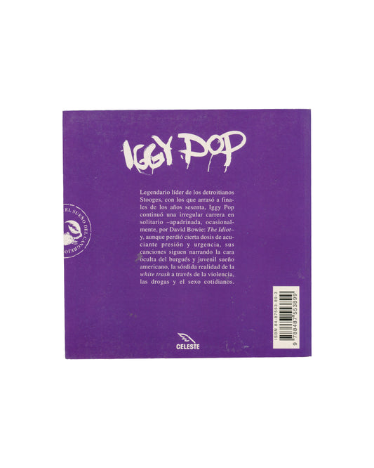 Iggy Pop, American Caesar: Letras, Celeste Ediciones, back cover with purple ground and Spanish text