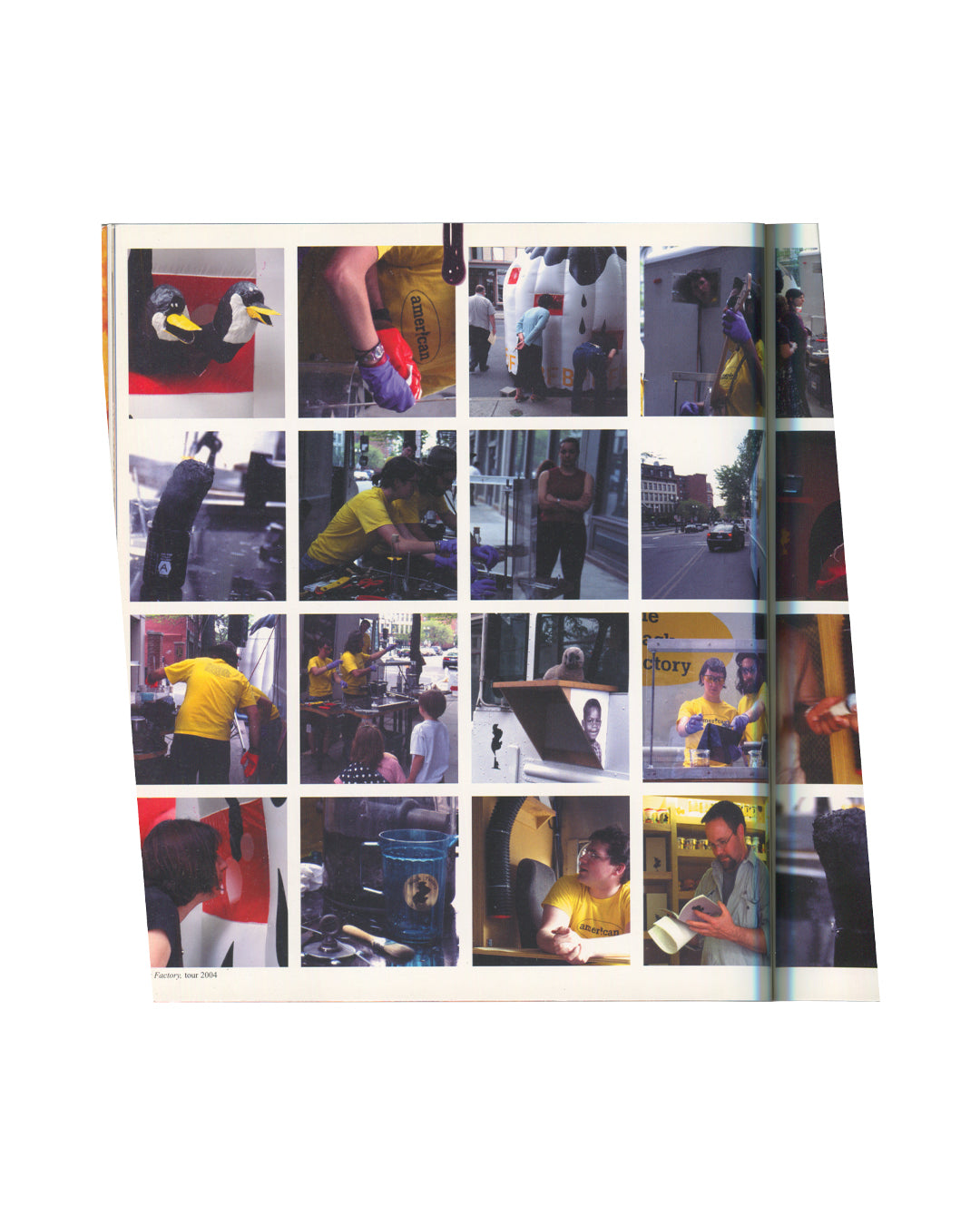 William Pope.L — some things you can do with blackness…, Kenny Schachter Rove, London, 2005 — interior spread. Open catalogue showing two facing pages of text and image documentation. Left page: dense essay text in two columns. Right page: colour photograph of a performance or installation view, figures in an interior space with yellow and black signage partially visible. Catalogue spine and page edges visible.