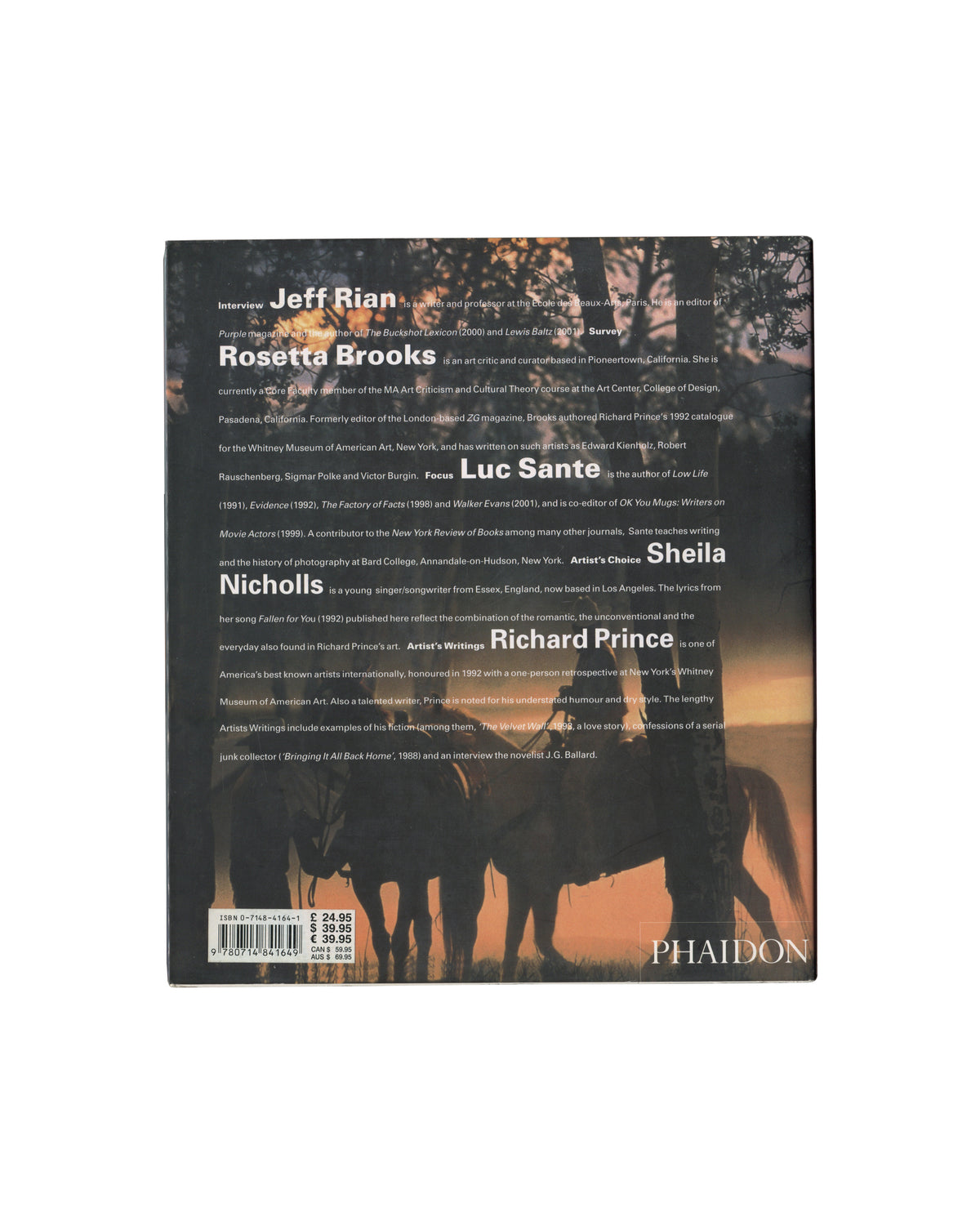 Richard Prince, Phaidon 2003, back dust jacket, contributor biographies, Cowboy silhouette photograph, original £24.95 price panel