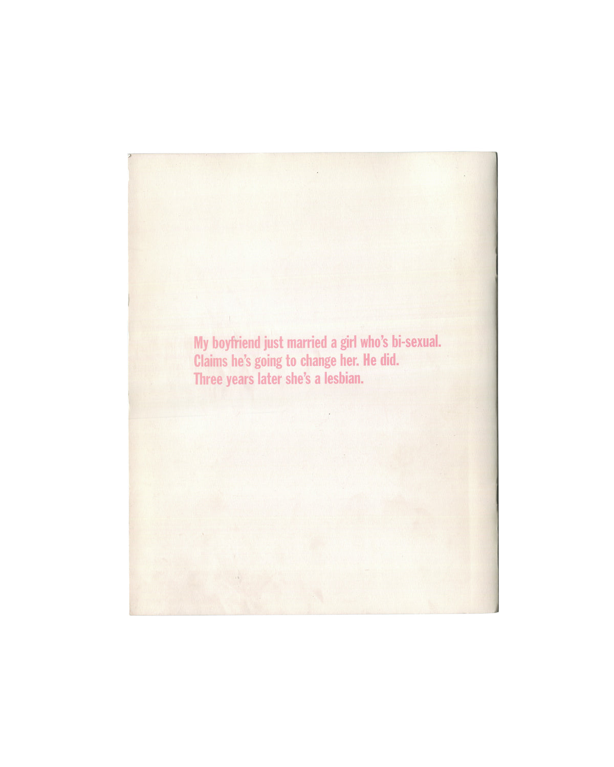 Richard Prince, New Paintings, Jablonka Galerie 1996, back cover: cream, single joke in pink type, lower left