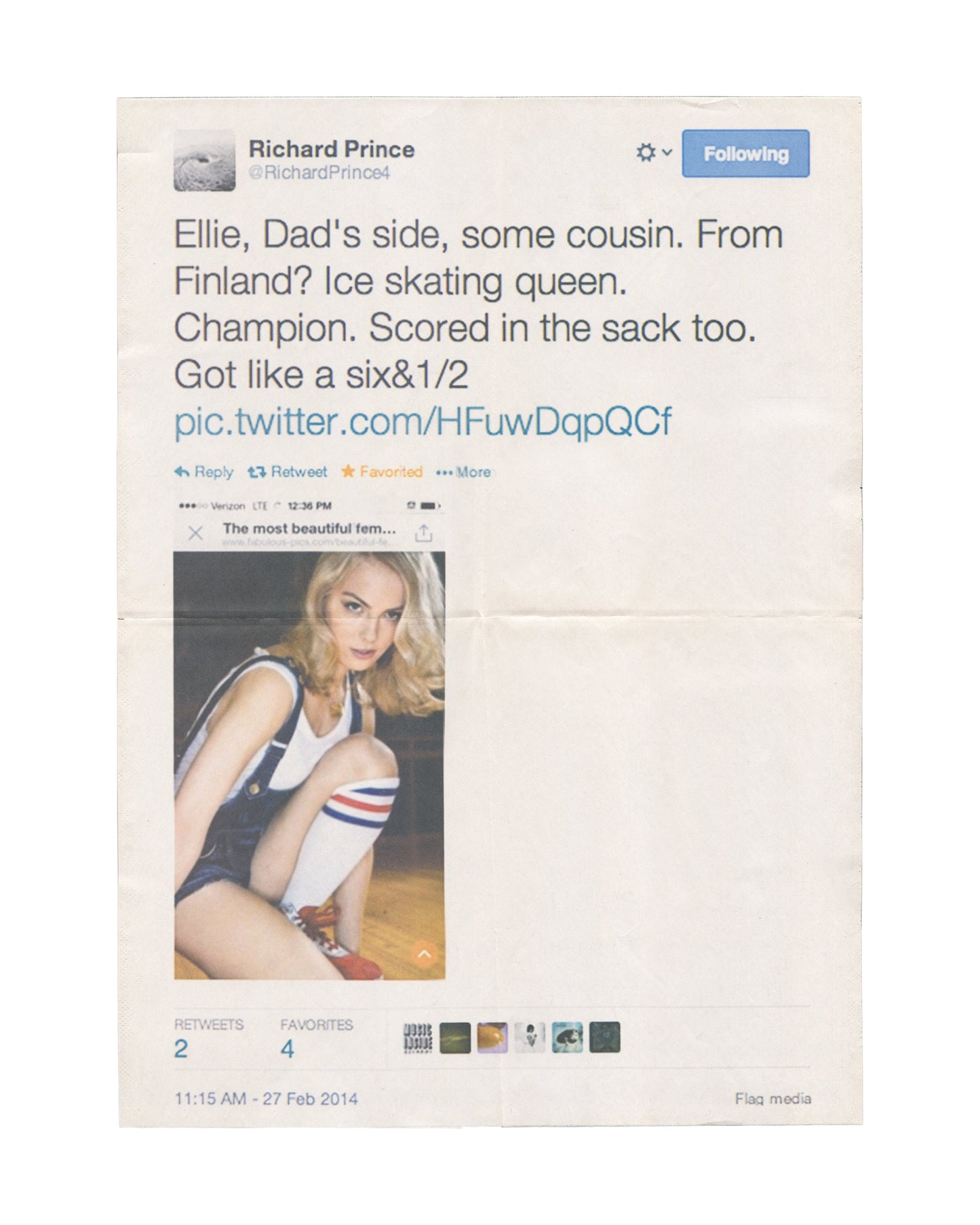 Exhibition poster, Richard Prince, Third Place: Family Tweets, Desert X, Desert Hot Springs, 2017. Offset print on paper, approx. 41 × 57 cm. Enlarged Twitter interface showing @RichardPrince4 post dated 27 Feb 2014, embedded photograph of woman in sportswear, retweet and favourite counts visible. Good used condition with original folds and handling marks.