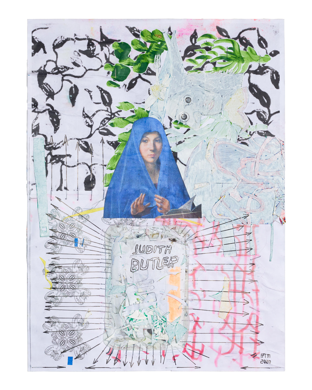 Rafael Melendez, Wool / Antonello / Butler, collage with a blue-veiled Virgin, black leaf patterns and “JUDITH BUTLER” lettering