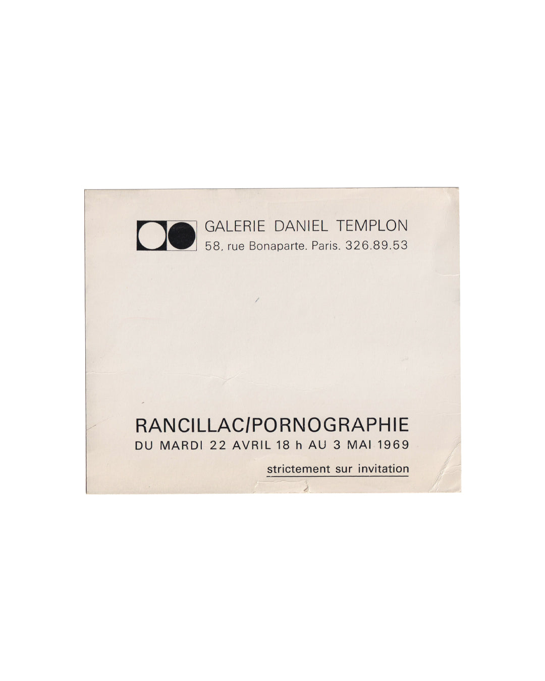 Rancillac — Pornographie, exhibition invitation card, Galerie Daniel Templon Paris 1969, verso: gallery name, address, exhibition title, dates 22 April–3 May 1969, strictement sur invitation