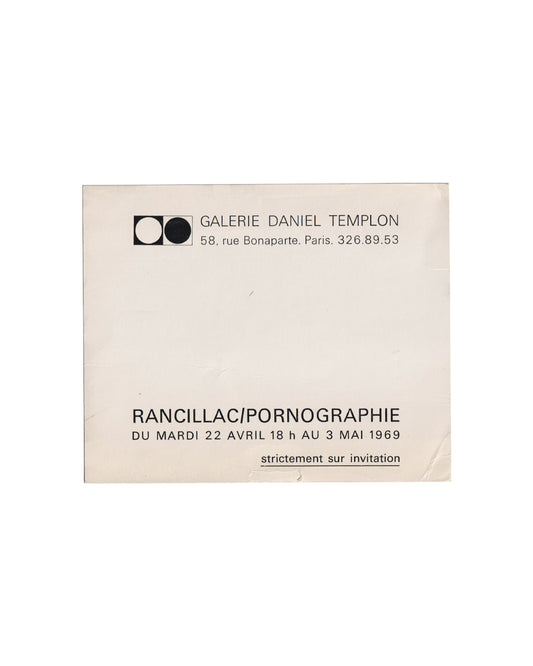 Rancillac — Pornographie, exhibition invitation card, Galerie Daniel Templon Paris 1969, verso: gallery name, address, exhibition title, dates 22 April–3 May 1969, strictement sur invitation