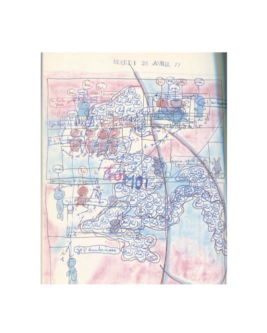 Obliques No. 14–15, La Femme Surréaliste — interior spread with Unica Zürn diagrammatic drawing. Watercolour and ink on grid, dated Mardi 26 Avril 77. Surrealist printed matter, Éditions Borderie.