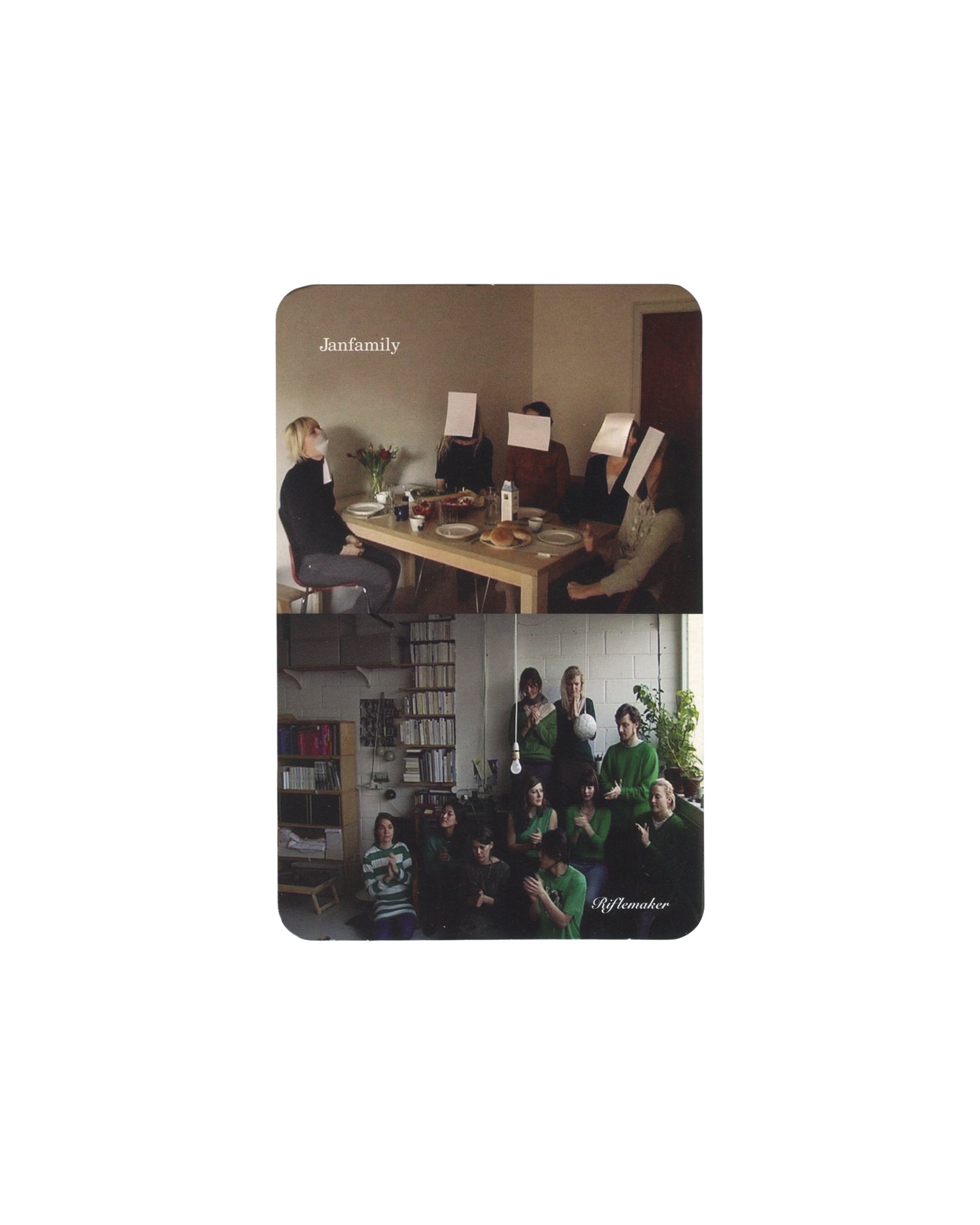 Original 2006 Janfamily / Riflemaker promotional announcement card, recto showing two colour photographs stacked vertically: upper image of figures seated at a dining table with white paper squares obscuring their faces; lower image of a group of people gathered in a domestic interior with bookshelves, several wearing green, with the text 'Janfamily' top left and 'Riflemaker' bottom right in small serif type.
