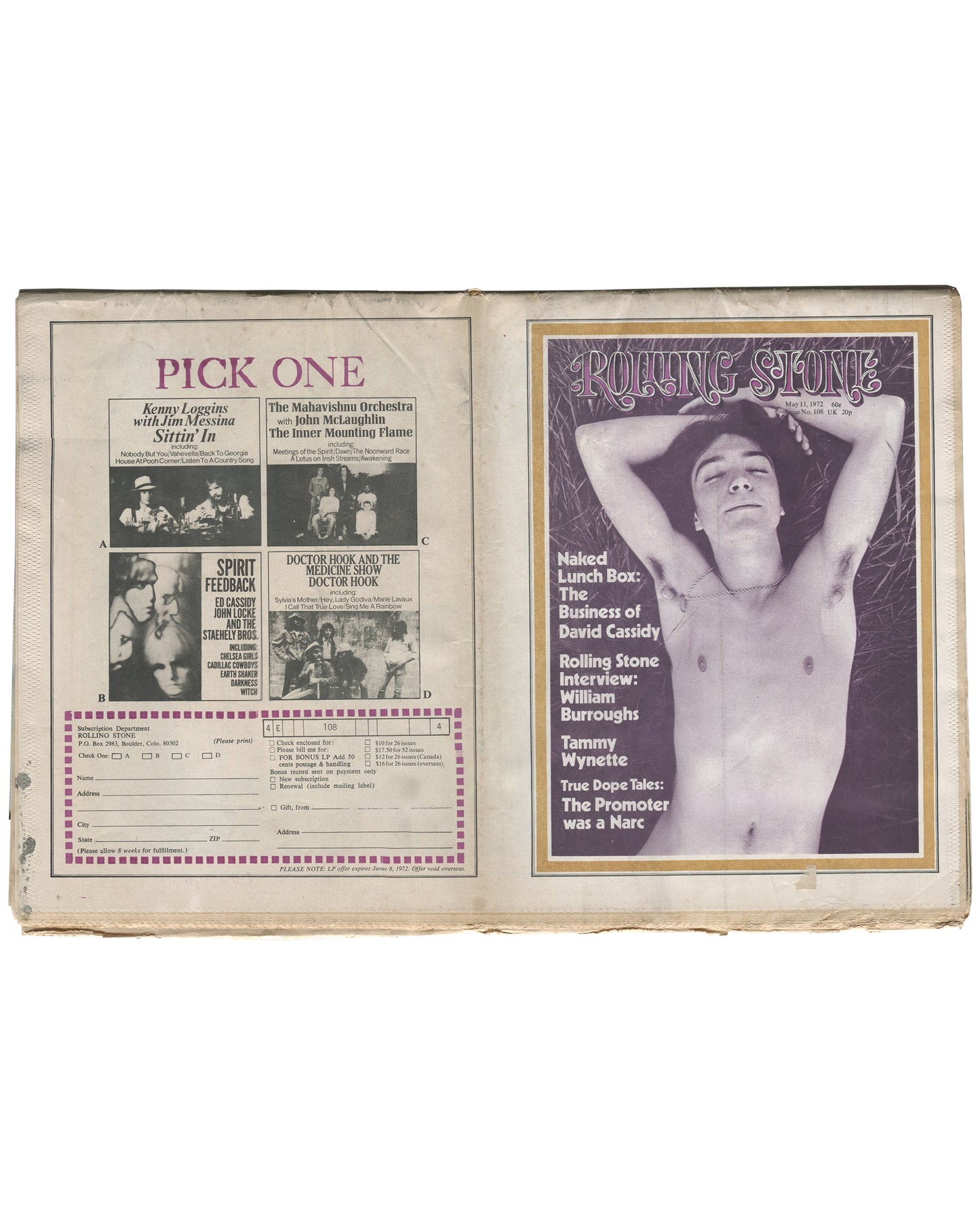 Reverse of 1972 Rolling Stone Issue No. 108 showing the back cover with a Pick One record subscription advertisement featuring Kenny Loggins with Jim Messina, The Mahavishnu Orchestra, Spirit Feedback, and Doctor Hook and the Medicine Show, alongside the subscription order form