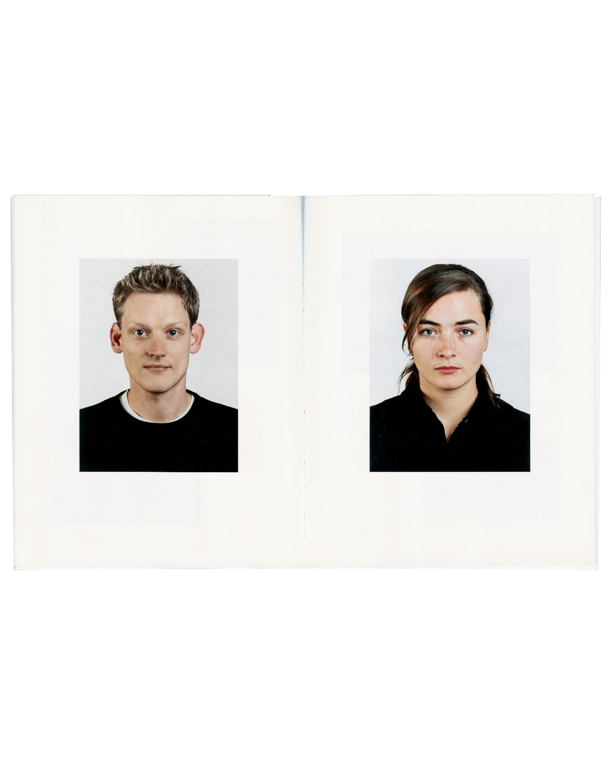 Thomas Ruff, Andere Porträts, two passport-format portraits, young man and woman in black, interior spread
