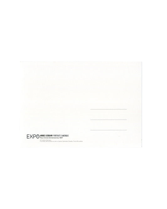 Reverse of Andres Serrano exhibition postcard issued for *Portraits d’Amérique*, Galerie Nathalie Obadia Paris–Brussels, with exhibition and copyright details printed on white card stock.