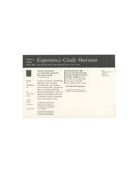 Reverse of 1998 Museum of Contemporary Art Chicago Cindy Sherman retrospective promotional postcard featuring exhibition information, membership offer text, and museum details.