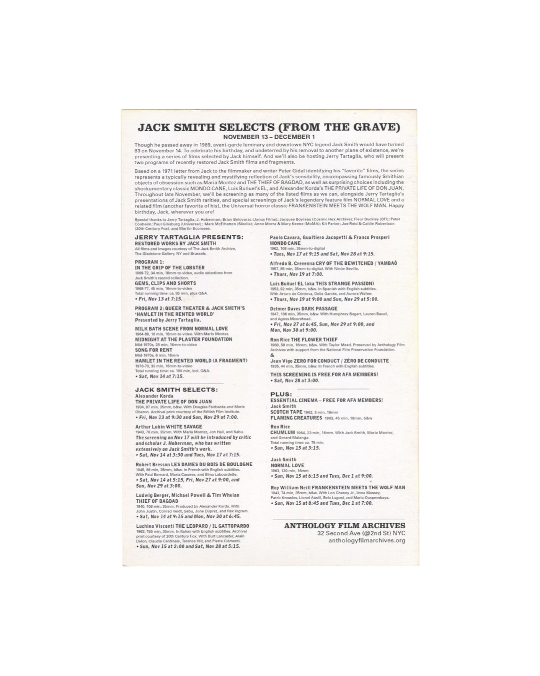 Reverse of 2015 Anthology Film Archives programme card for Jack Smith Selects (From the Grave...), dense black sans-serif text on white: programme heading, introductory paragraph by Jerry Tartaglia, two columns listing curated film selections and Jack Smith screenings, Anthology Film Archives address and website at lower right.