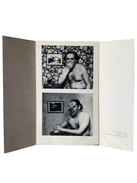Urs Lüthi exhibition invitation open bifold, Galerie Isy Brachot, Brussels, 1975 — interior showing two black and white self-portrait photographs of the artist, vernissage 10 novembre 1975