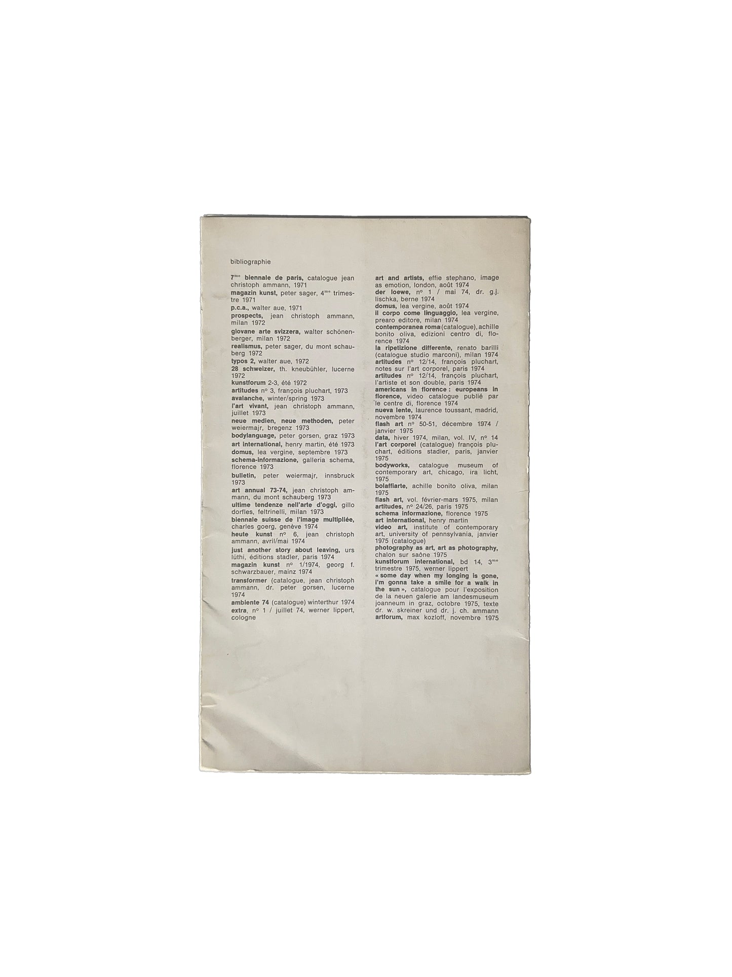 Urs Lüthi exhibition invitation, Galerie Isy Brachot, Brussels, 1975 — reverse showing full bibliography of international publications and catalogues featuring the artist, 1971–1975