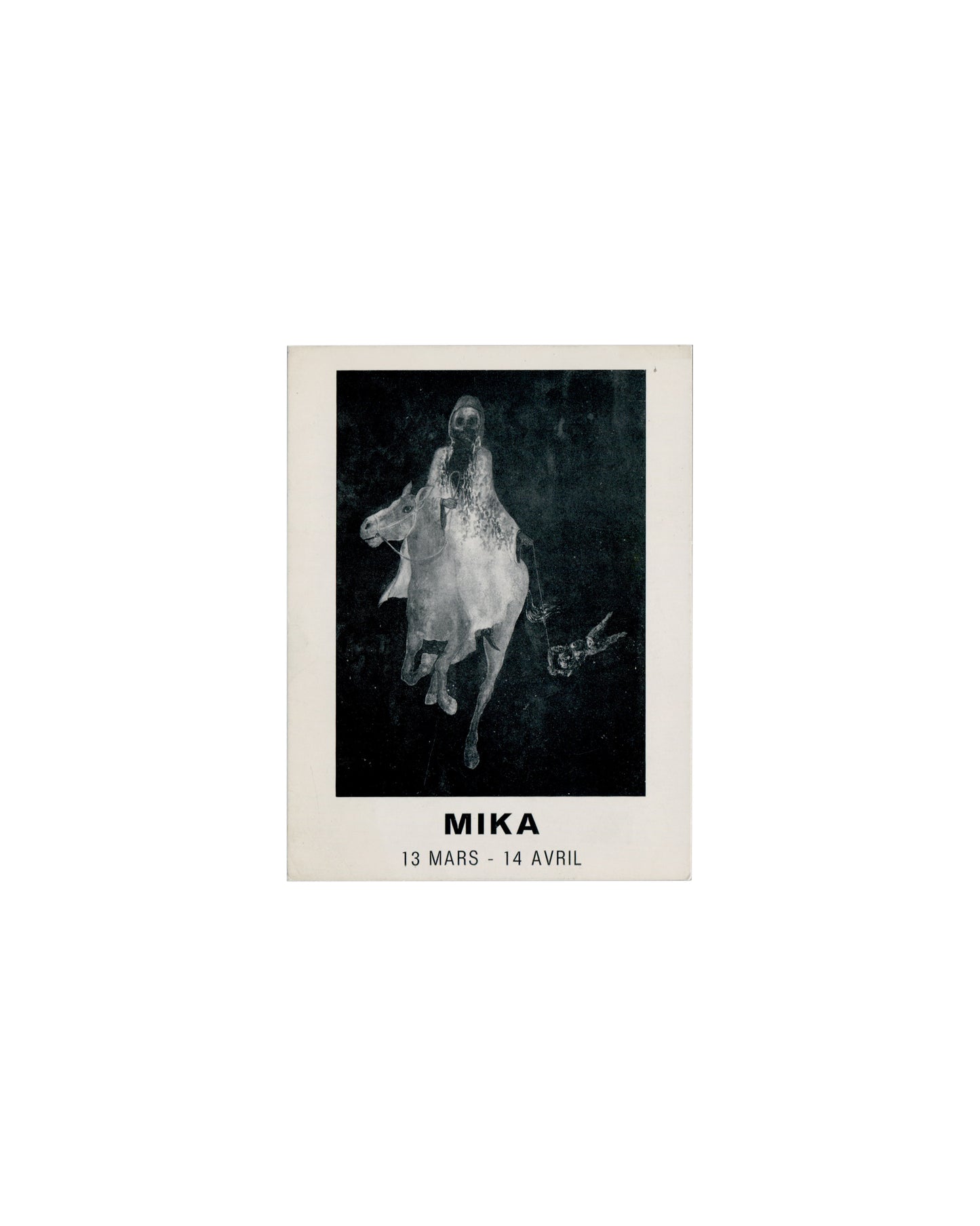 MIKA / Roland Villeneuve, L'Envers du Miroir invitation 1972, recto, exhibition card with spectral rider