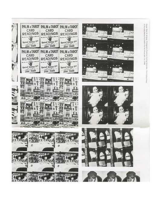 Image 2 (detail — upper): Detail showing repeated grids of Palm & Tarot Card Readings storefront signs and television screen photographs.