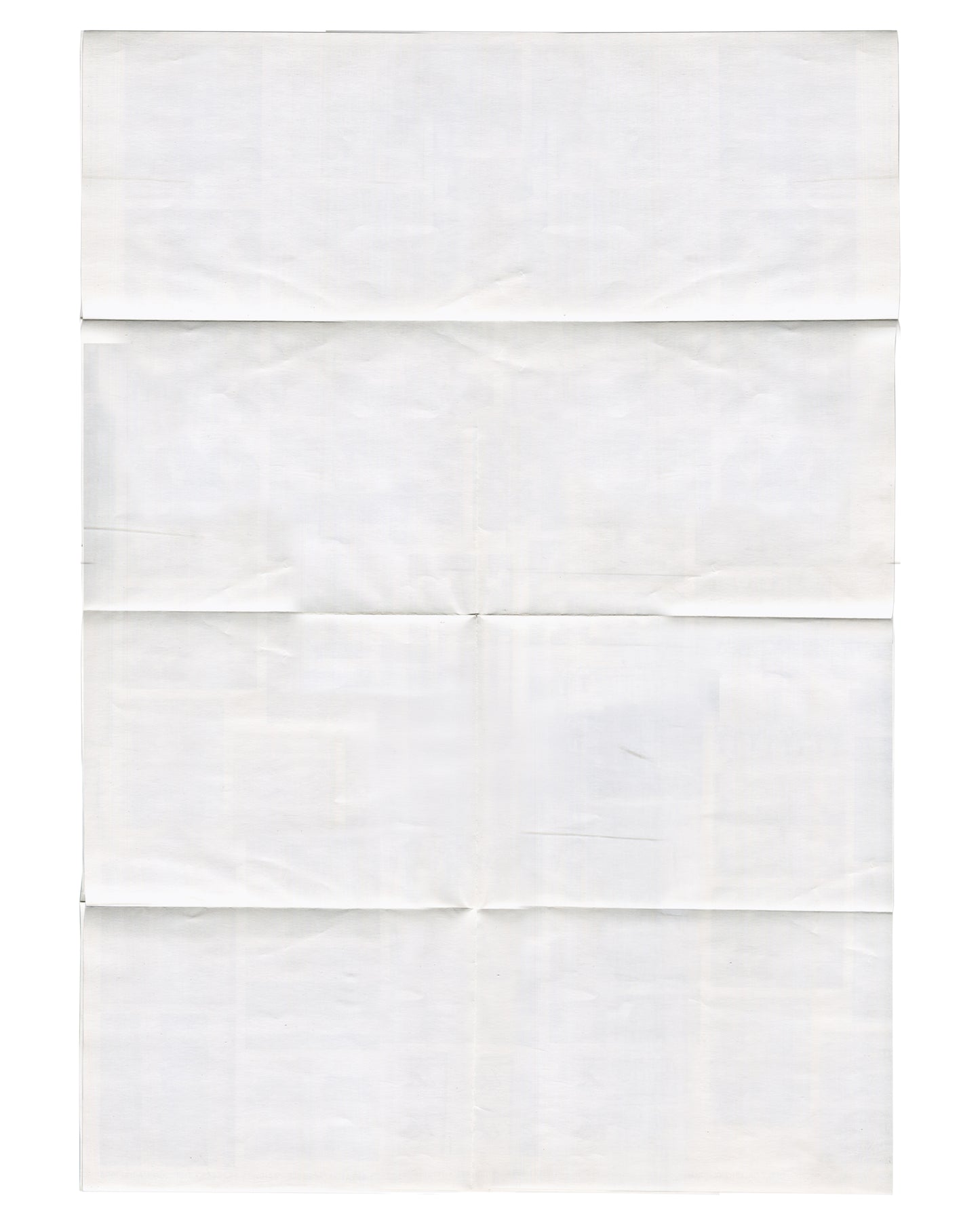 Blank white lightweight paper showing original horizontal and vertical fold lines from storage, with light handling creases and minor age toning.