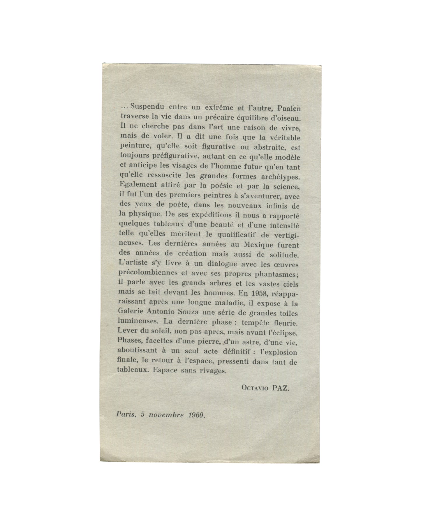 Reverse of 1960 Wolfgang Paalen 'En Hommage' insert showing an elegiac French text by Octavio Paz, dated Paris, 5 novembre 1960, describing Paalen's practice as suspended between extremes, moving between poetry, science, pre-Columbian culture, and abstraction, closing with the phrase 'Espace sans rivages'.